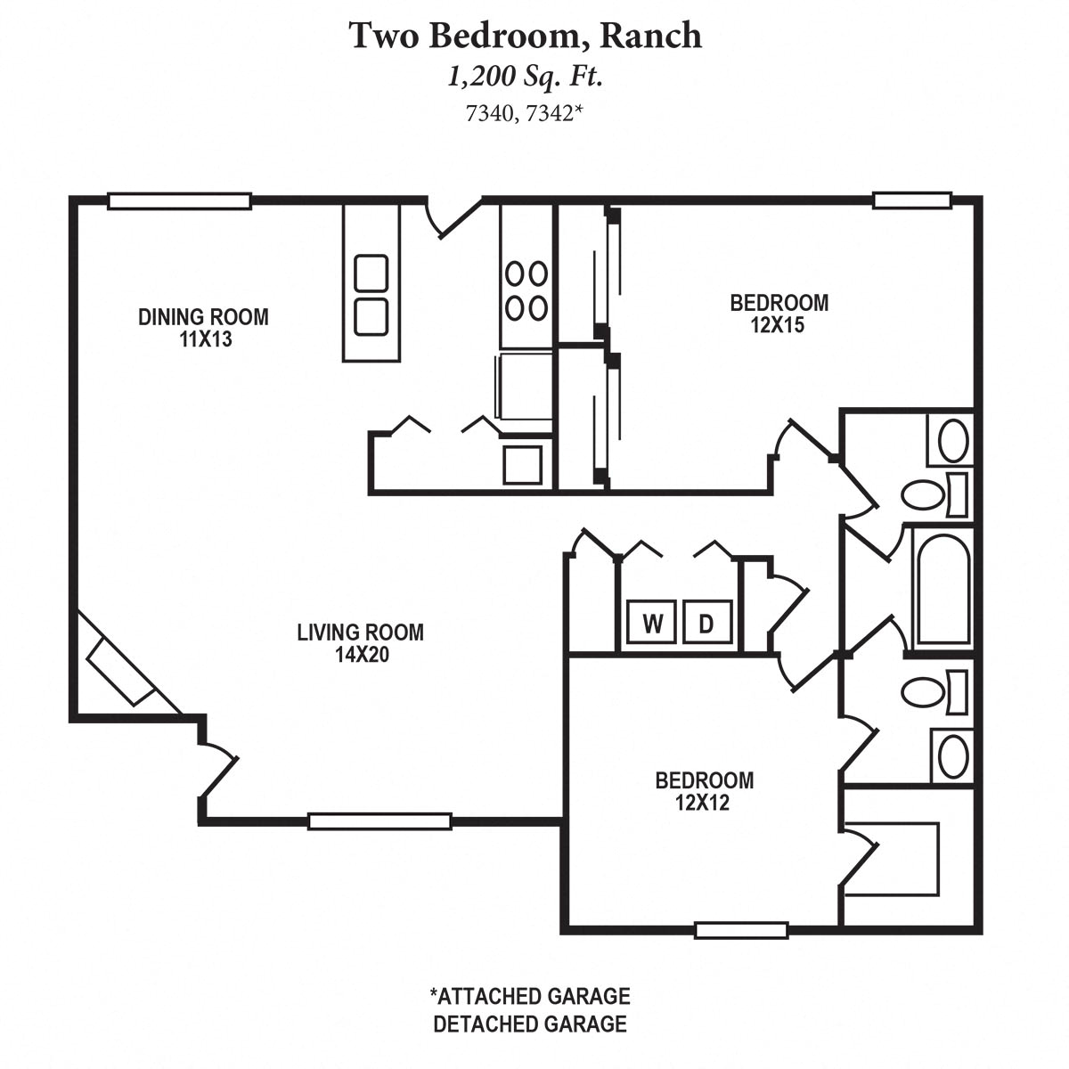 Floor plan for 2 beds, 1.5 baths, 1200 sqft